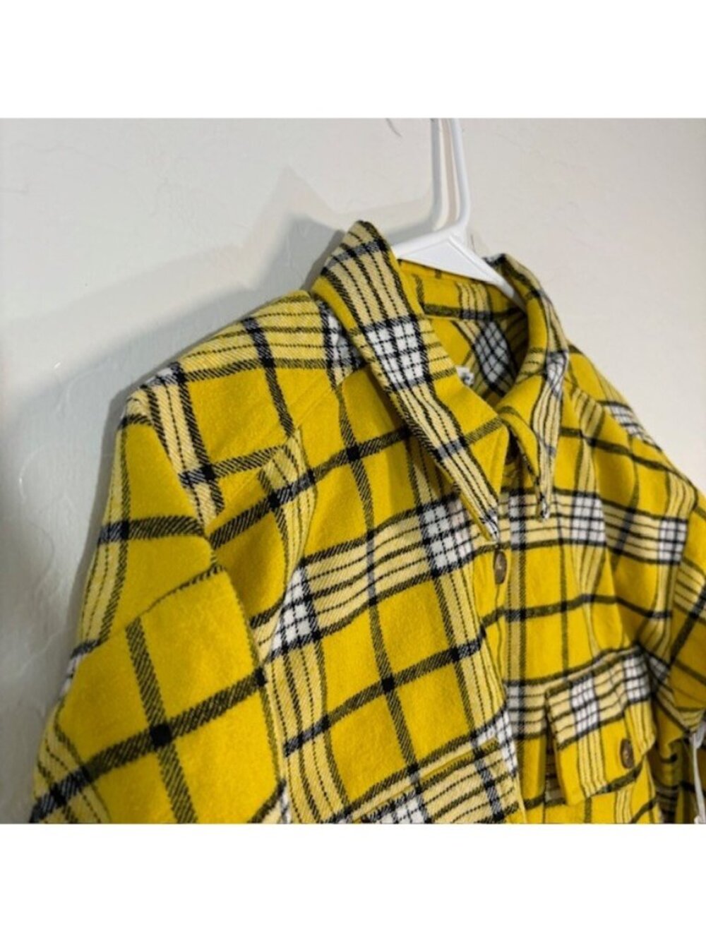 Good American Women's Flannel Size 0 Cropped Plaid Shirt Yellow & Black NEW - Picture 2 of 7
